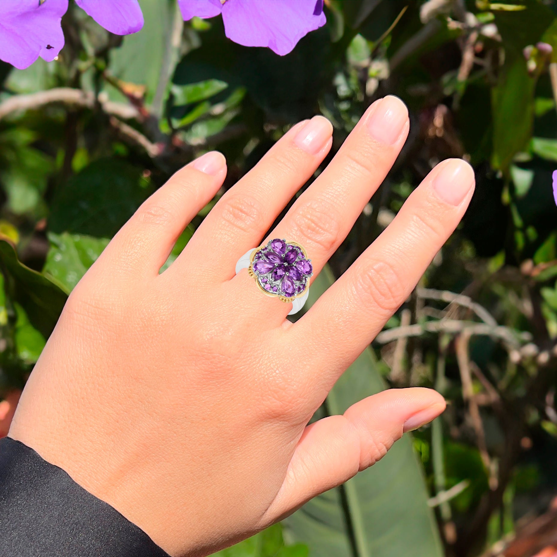 Amethyst Two Tone Cocktail Ring 14K Gold Plated Silver