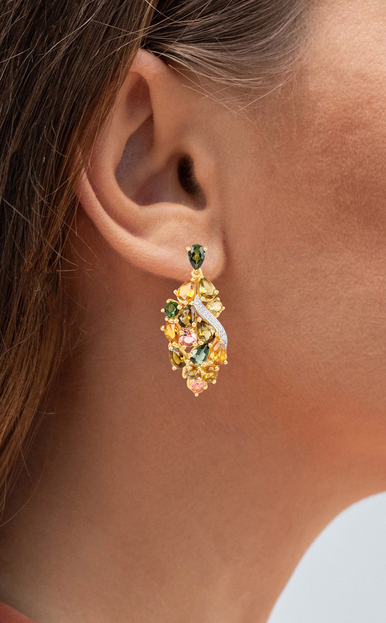 Multicolor Tourmaline Dangle Earrings Diamonds 18K Yellow Gold Plated Silver
