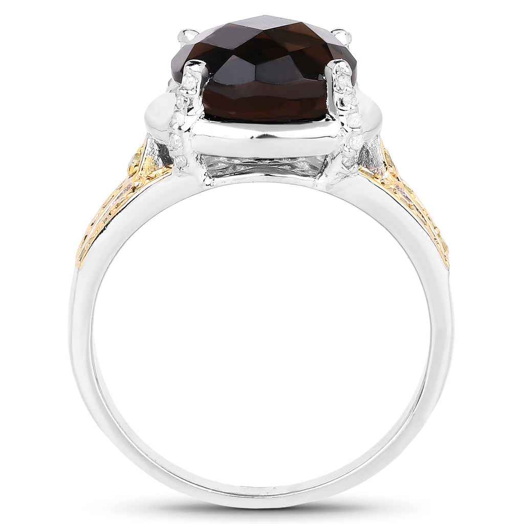 Smoky Quartz Ring With Yellow and White Diamonds 3.24 Carats Sterling Silver