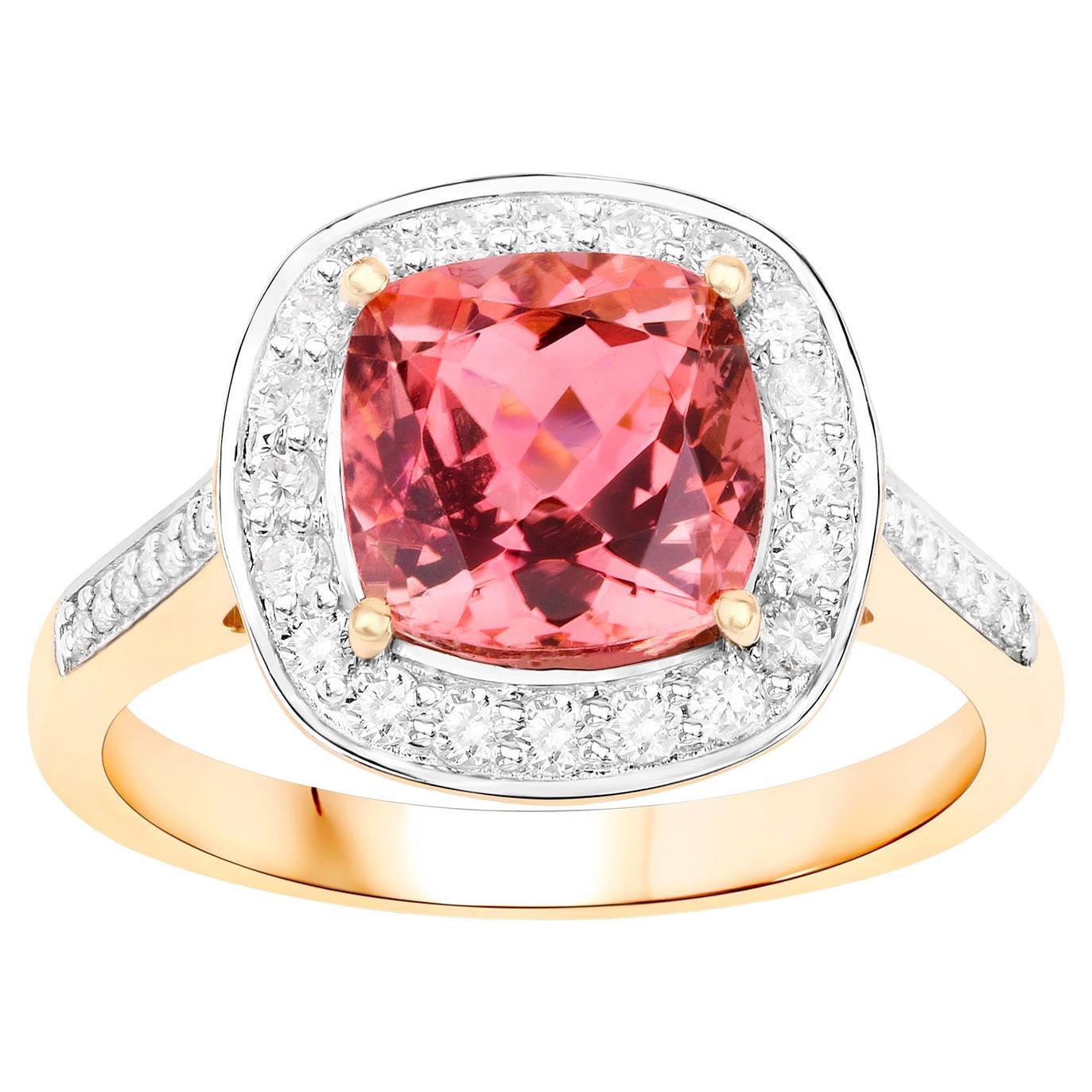 Natural Pink Tourmaline Ring With Diamonds 2.68 Carats 14K Yellow Gold