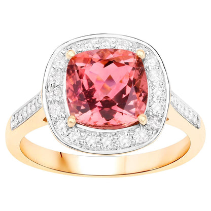 Natural Pink Tourmaline Ring With Diamonds 2.68 Carats 14K Yellow Gold