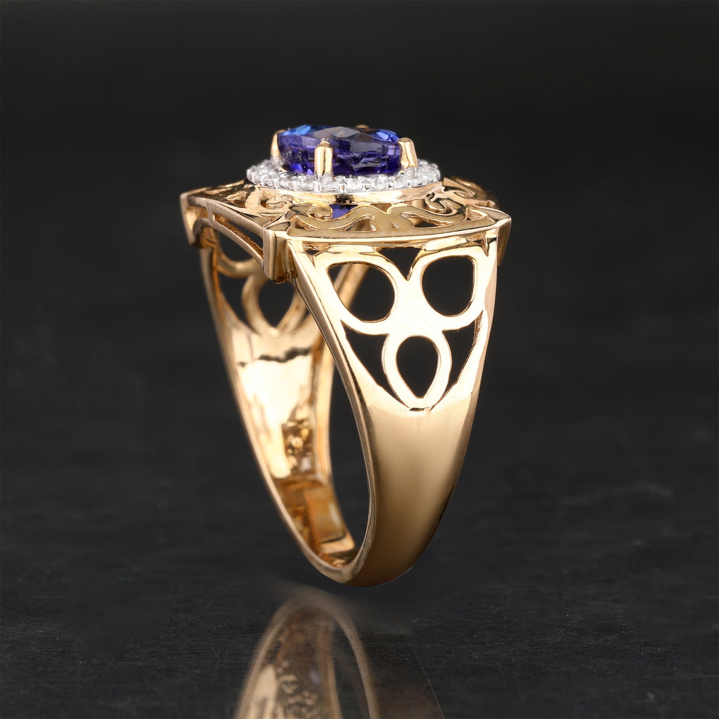 Natural Tanzanite Ring With White Zircon 1.54 Carats 9K Yellow Gold