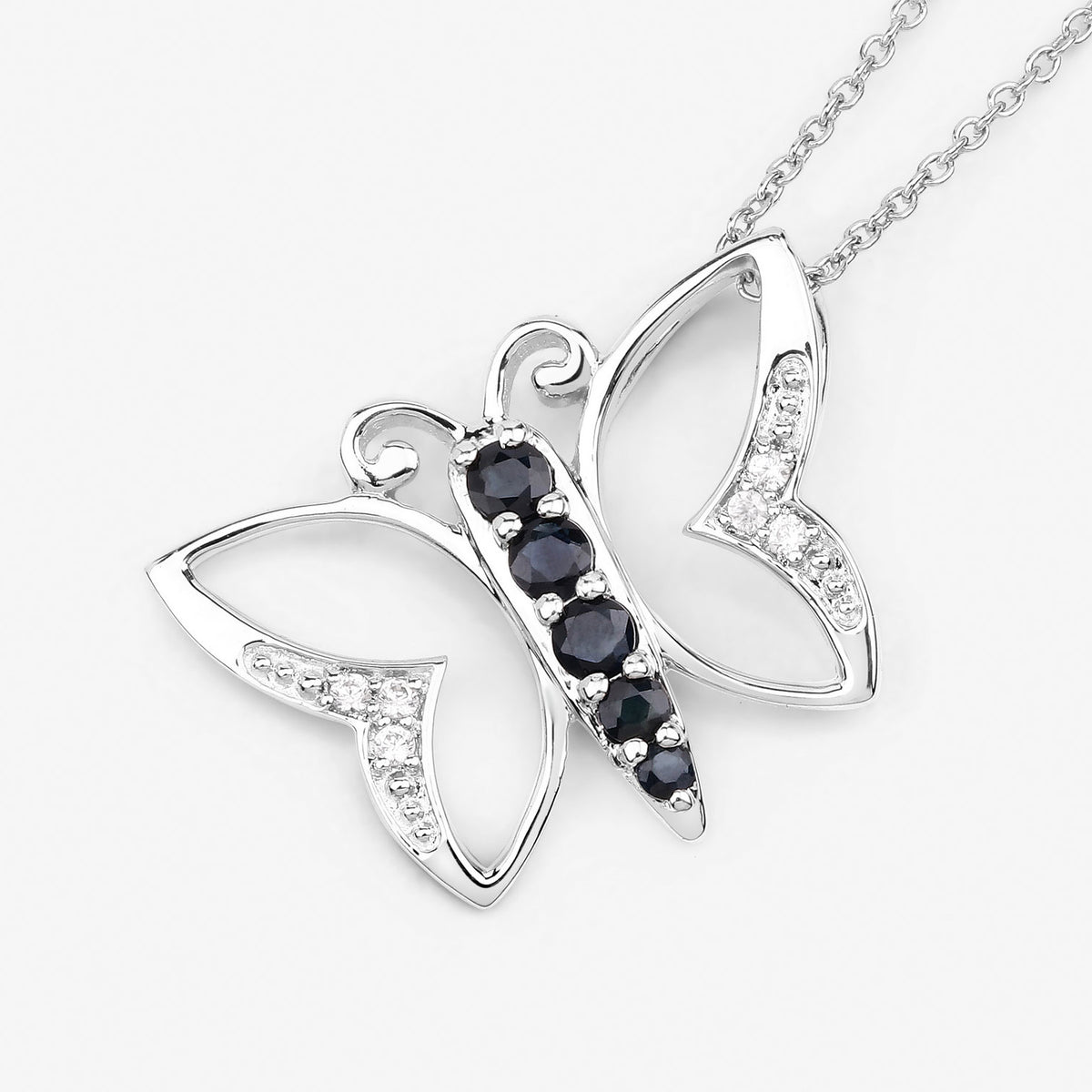 Blue Sapphire Butterfly Necklace With White Zircon 0.5 Carats Sterling Silver