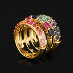 Natural Mixed Gemstones Ring 3.23 Carats Gold Plated Silver