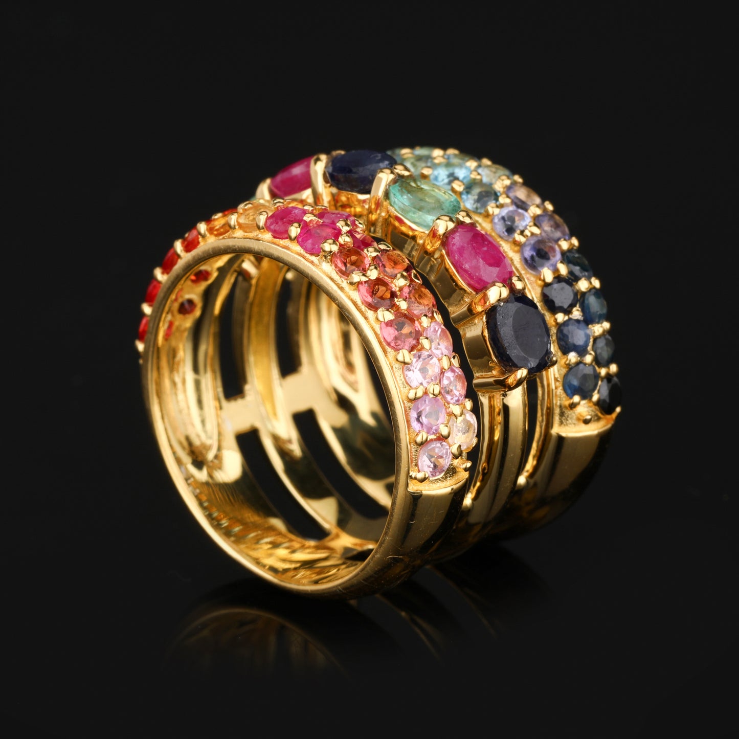Natural Mixed Gemstones Ring 3.23 Carats Gold Plated Silver