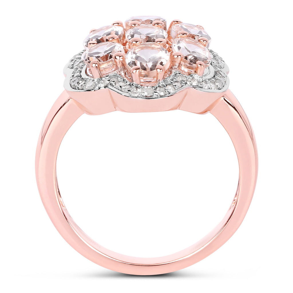 Morganite Flower Ring With Diamonds 3.02 Carats Gold Plated Silver