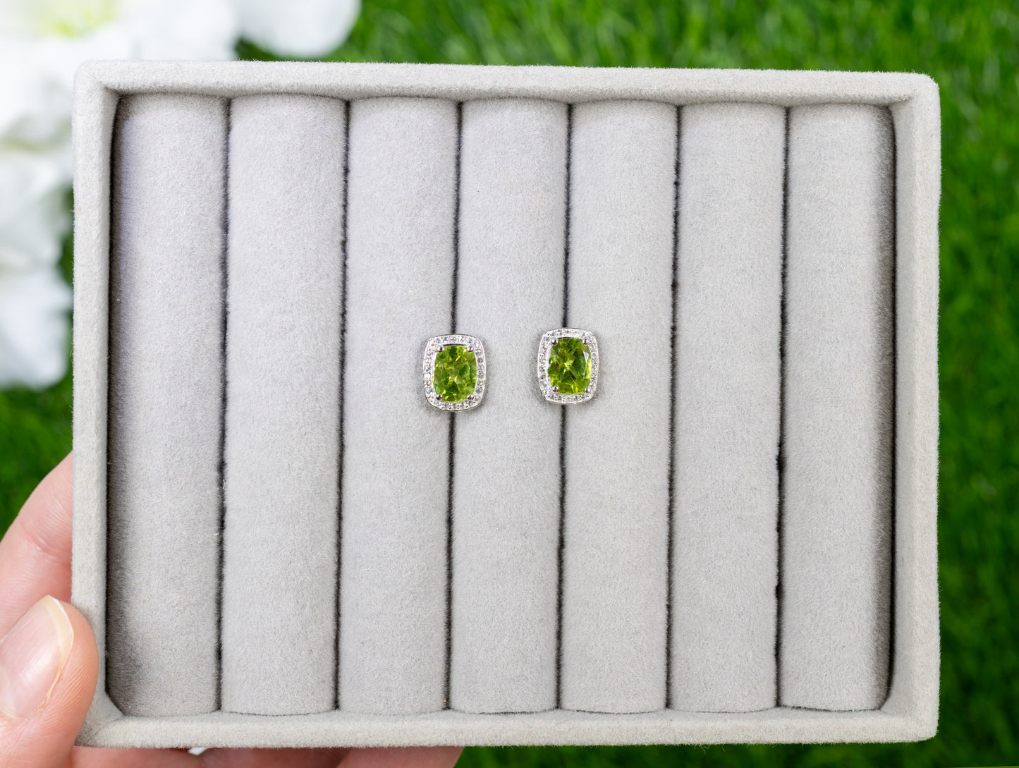 Peridot Stud Earrings White Topaz Halo 3 Carats Sterling Silver