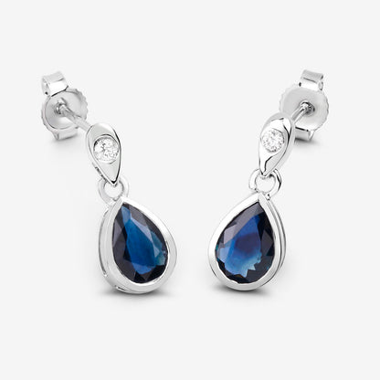 Blue Sapphire Dangle Earrings Diamonds 1.64 Carats 10K White Gold