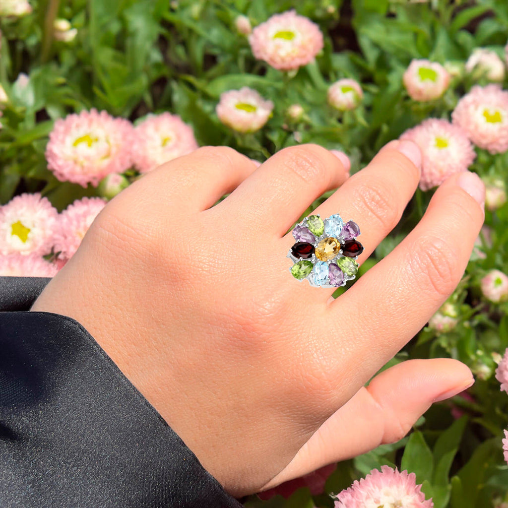 Natural Mixed Gemstones Ring 5.06 Carats Sterling Silver
