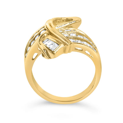 Diamond Cocktail Bypass Ring Baguette and Round Cut 1.32 Carats 14K Yellow Gold