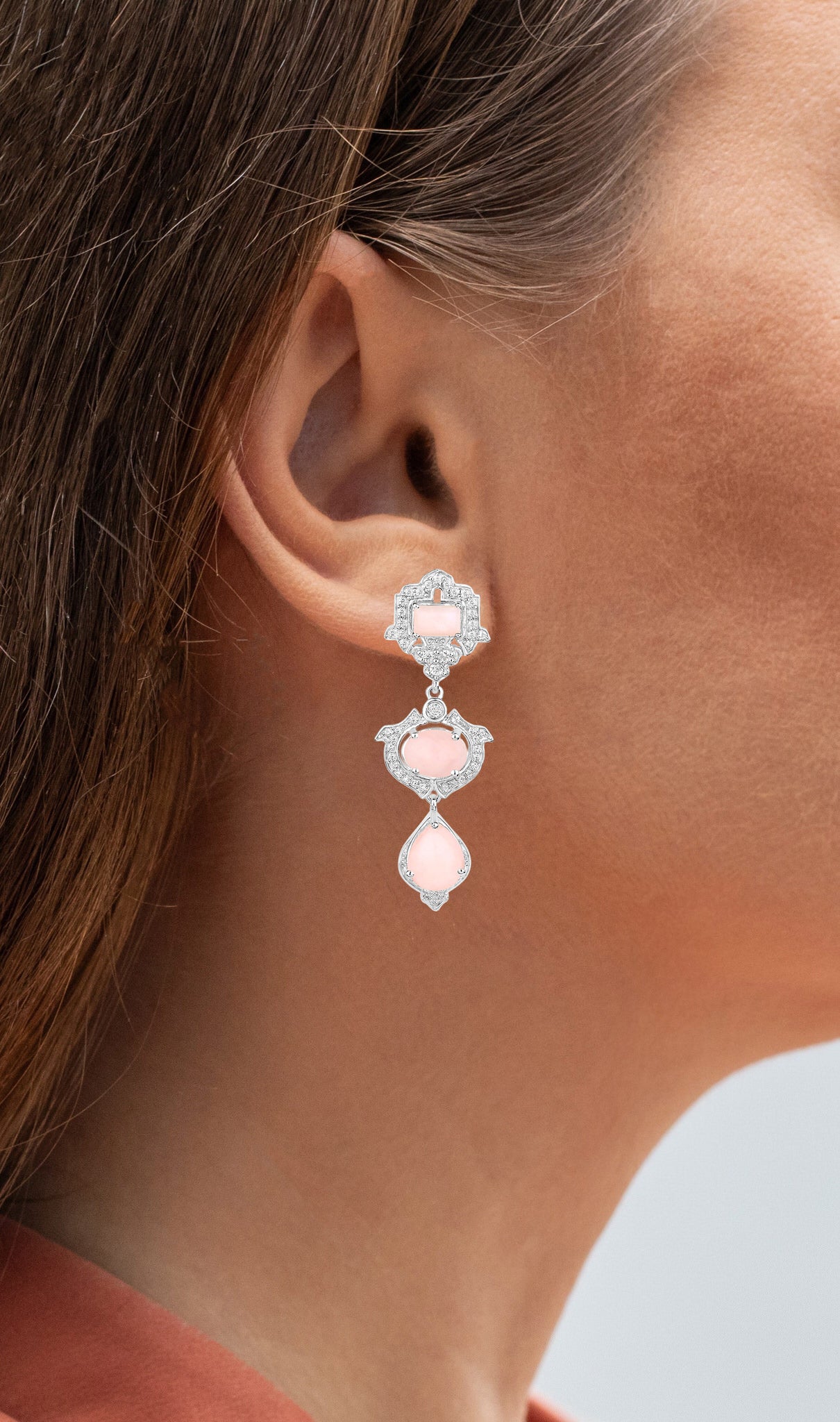 Pink Opal Dangle Earrings White Topaz 6.9 Carats Silver