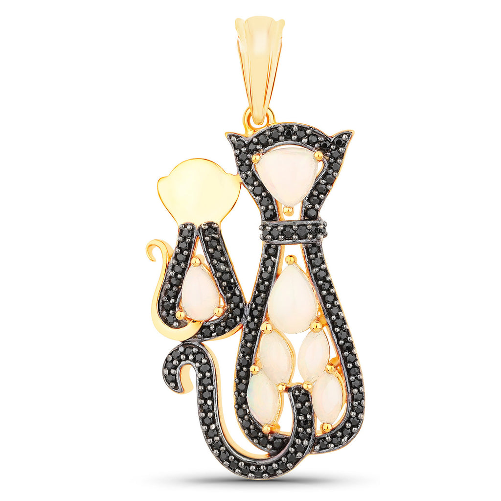 Ethiopian Opal Cat Pendant With Black Spinel 1.82 Carats Gold Plated Silver