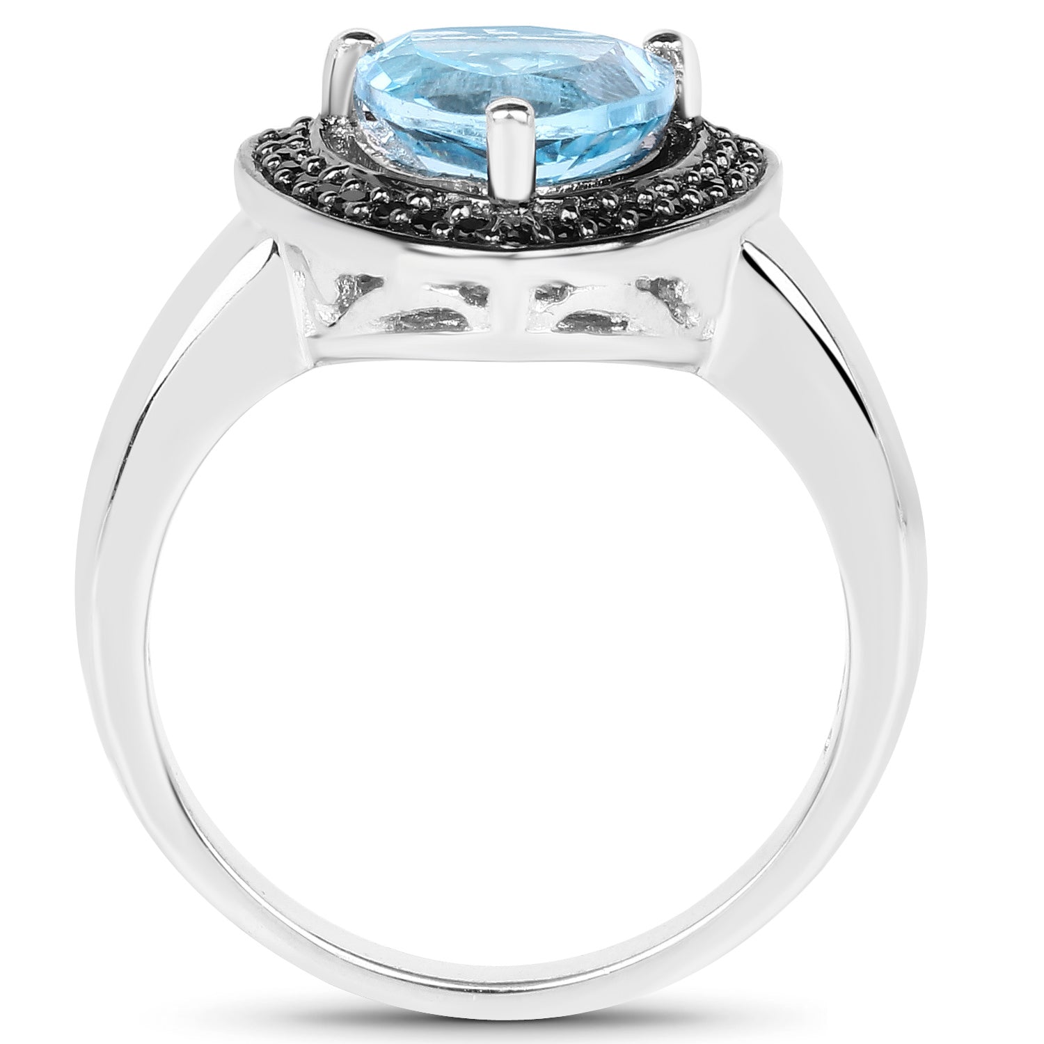 Swiss Blue Topaz Ring With Black Diamonds 2.02 Carats Sterling Silver