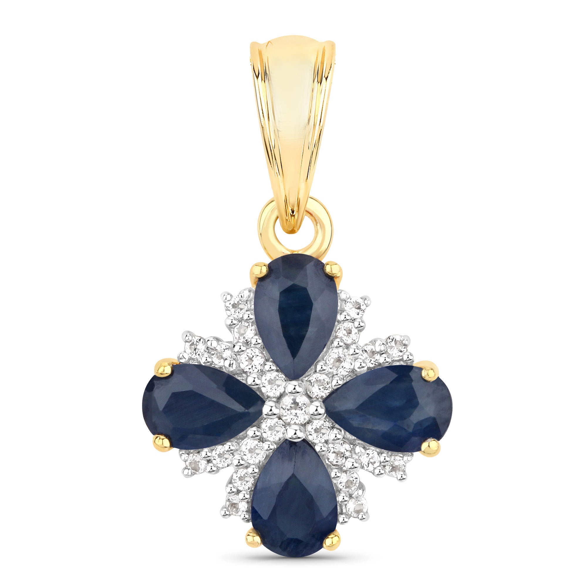 Blue Sapphire Pendant With White Topaz 1.8 Carats Gold Plated Silver