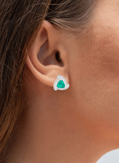 Natural Emerald Earrings With Diamonds 1.2 Carats 14K White Gold