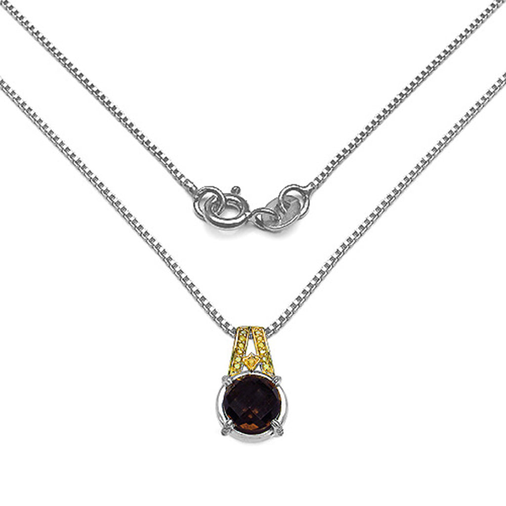 Smoky Quartz Pendant With Multicolor Diamonds 3.12 Carats Sterling Silver