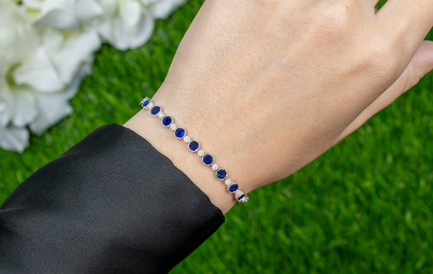 Blue Sapphire Tennis Bracelet Diamond Links 6 Carats 18K White Gold