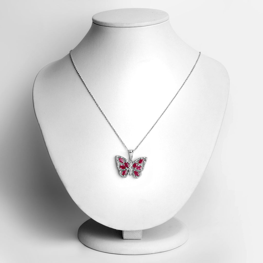 Ruby Butterfly Pendant With White Zircon 2.03 Carats Sterling Silver
