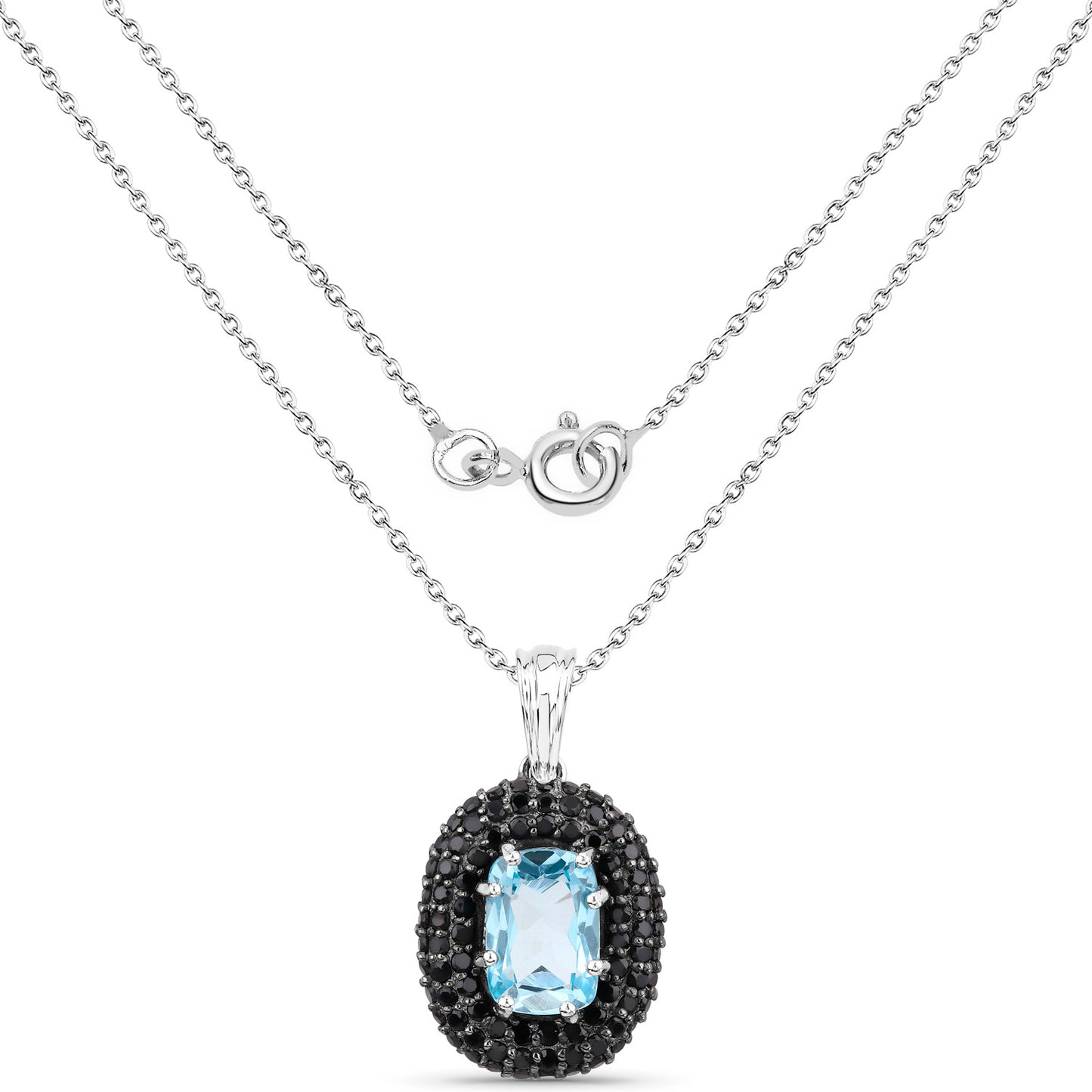 Blue Topaz Pendant With Black Spinel 6.68 Carats Sterling Silver