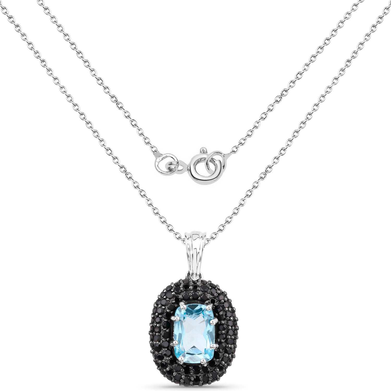 Blue Topaz Pendant With Black Spinel 6.68 Carats Sterling Silver