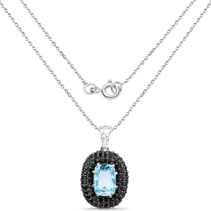 Blue Topaz Pendant With Black Spinel 6.68 Carats Sterling Silver