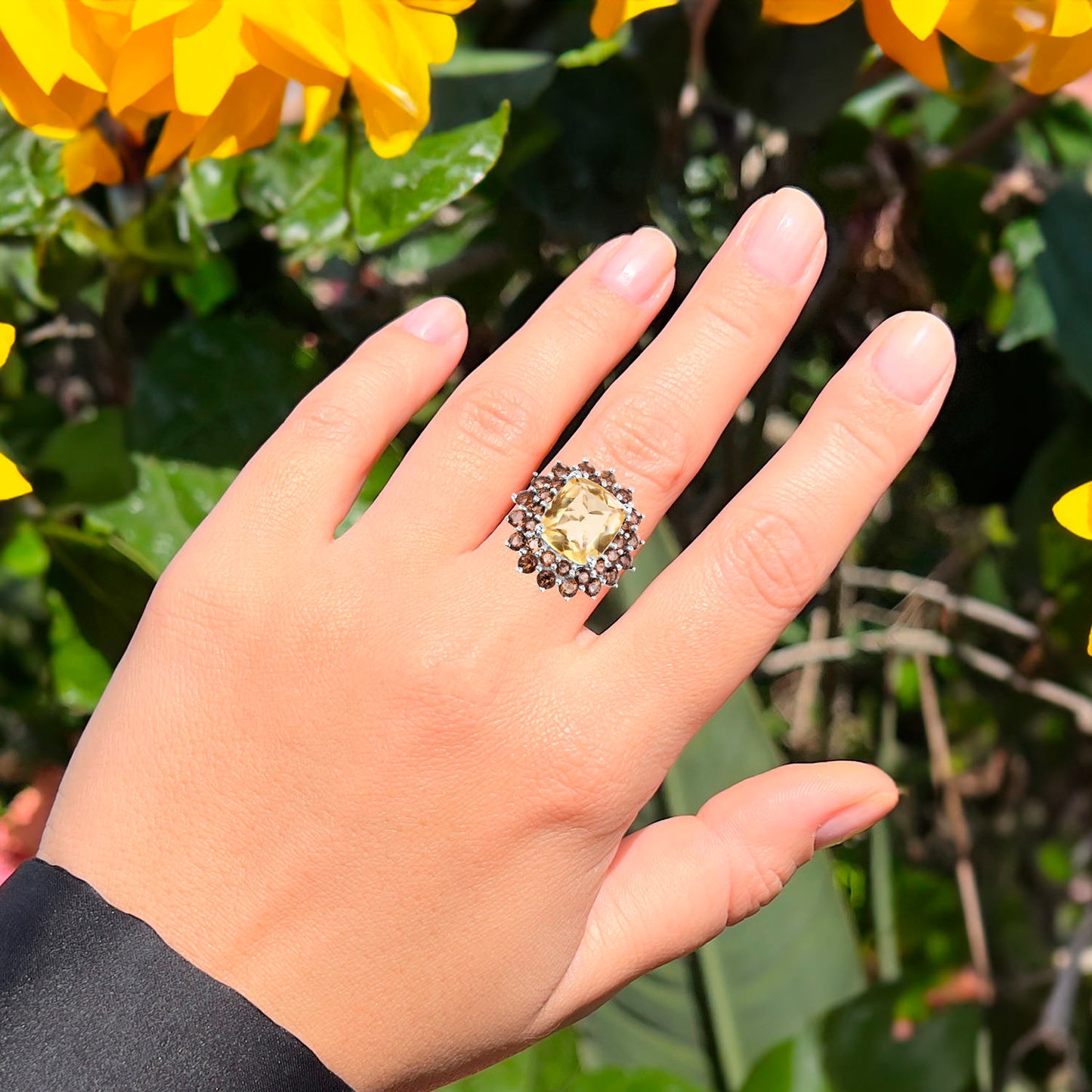 Citrine Cocktail Ring Smoky Quartz Halo 8.9 Carats