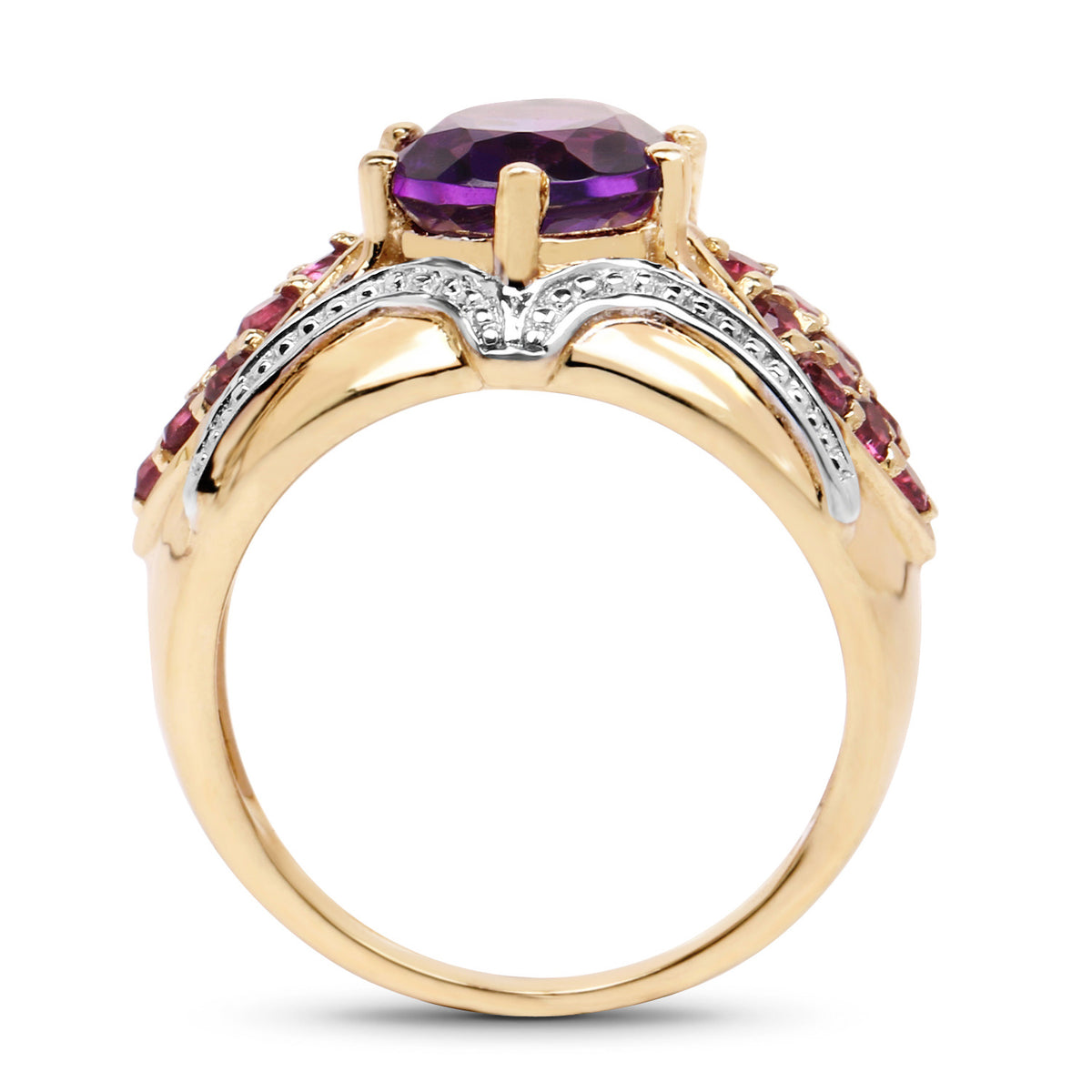 Amethyst Ring With Rhodolite Garnet 2.98 Carats Gold Plated Silver