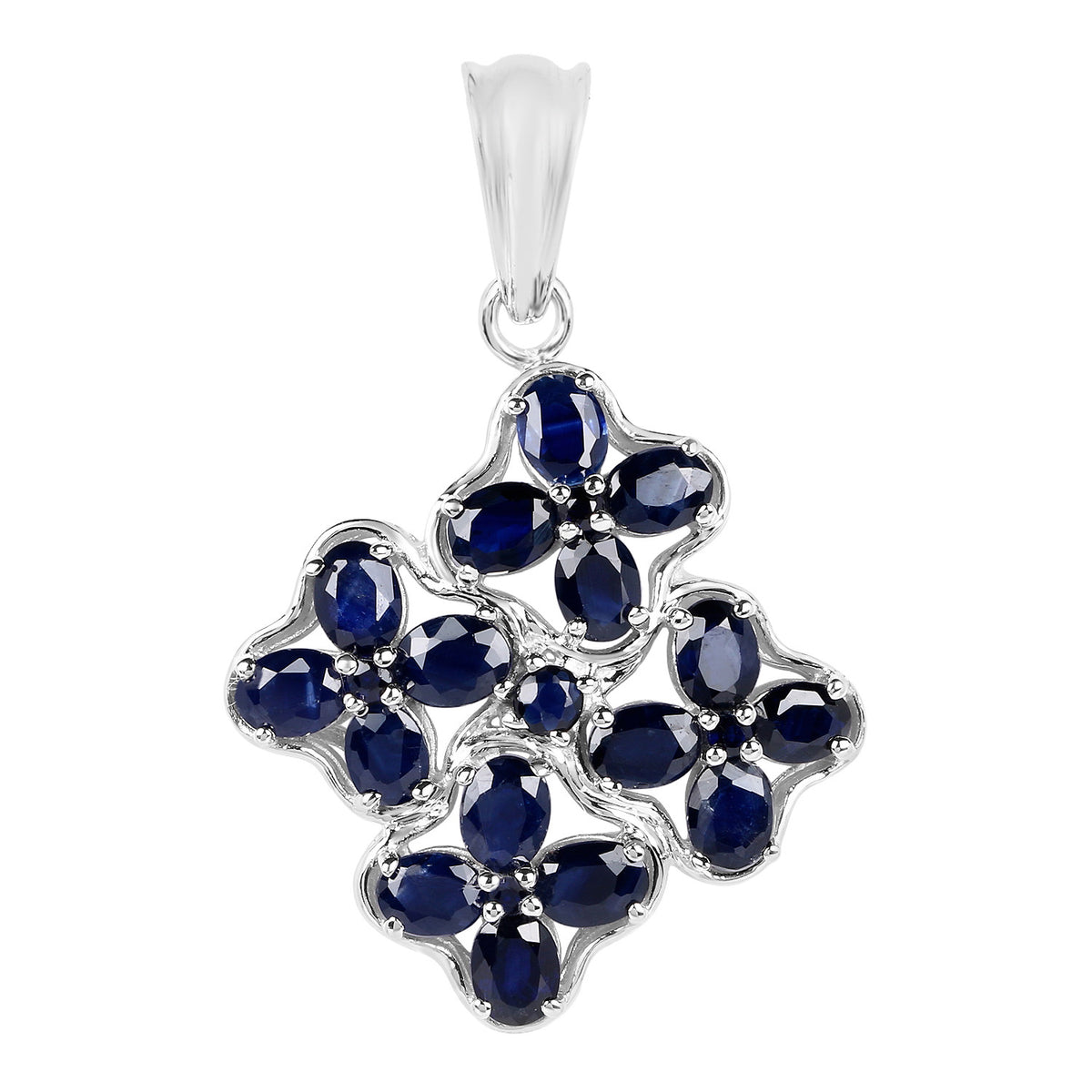 Blue Sapphire Flower Pendant 3.62 Carats Sterling Silver