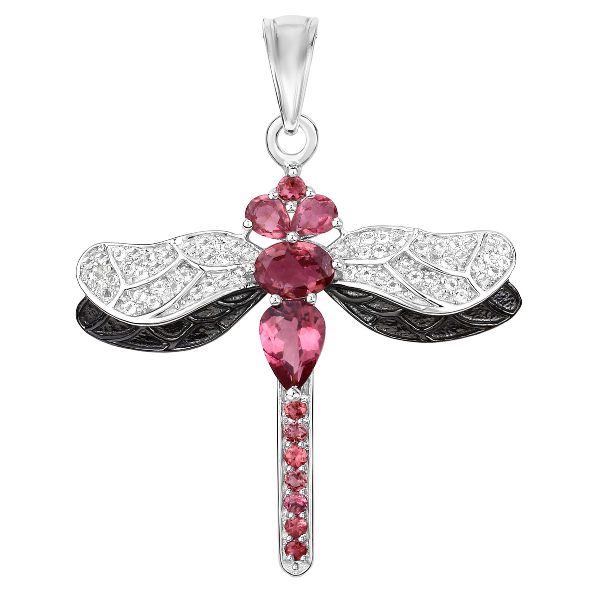 Pink Tourmaline Dragonfly Pendant White Topaz 1.86 Carats Sterling Silver