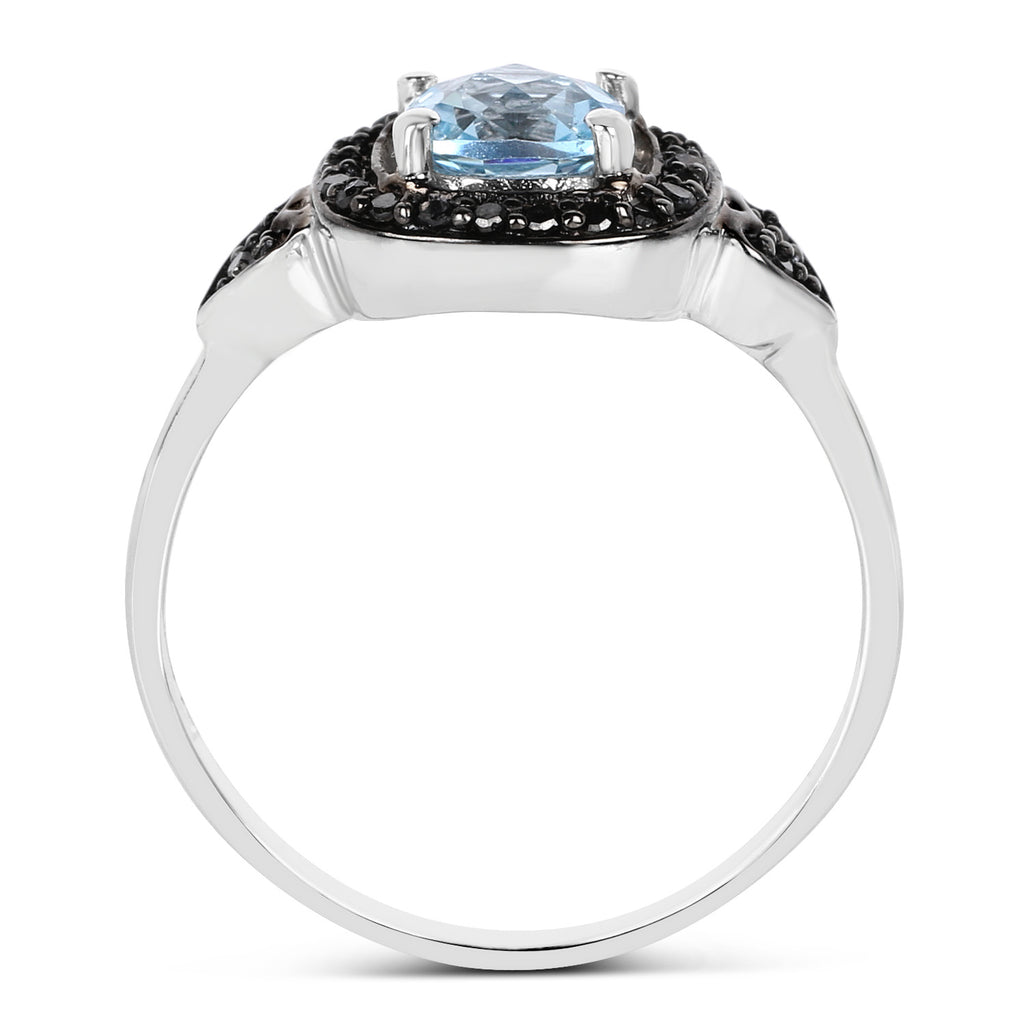 Swiss Blue Topaz Ring With Black Diamonds 1.16 Carats Sterling Silver