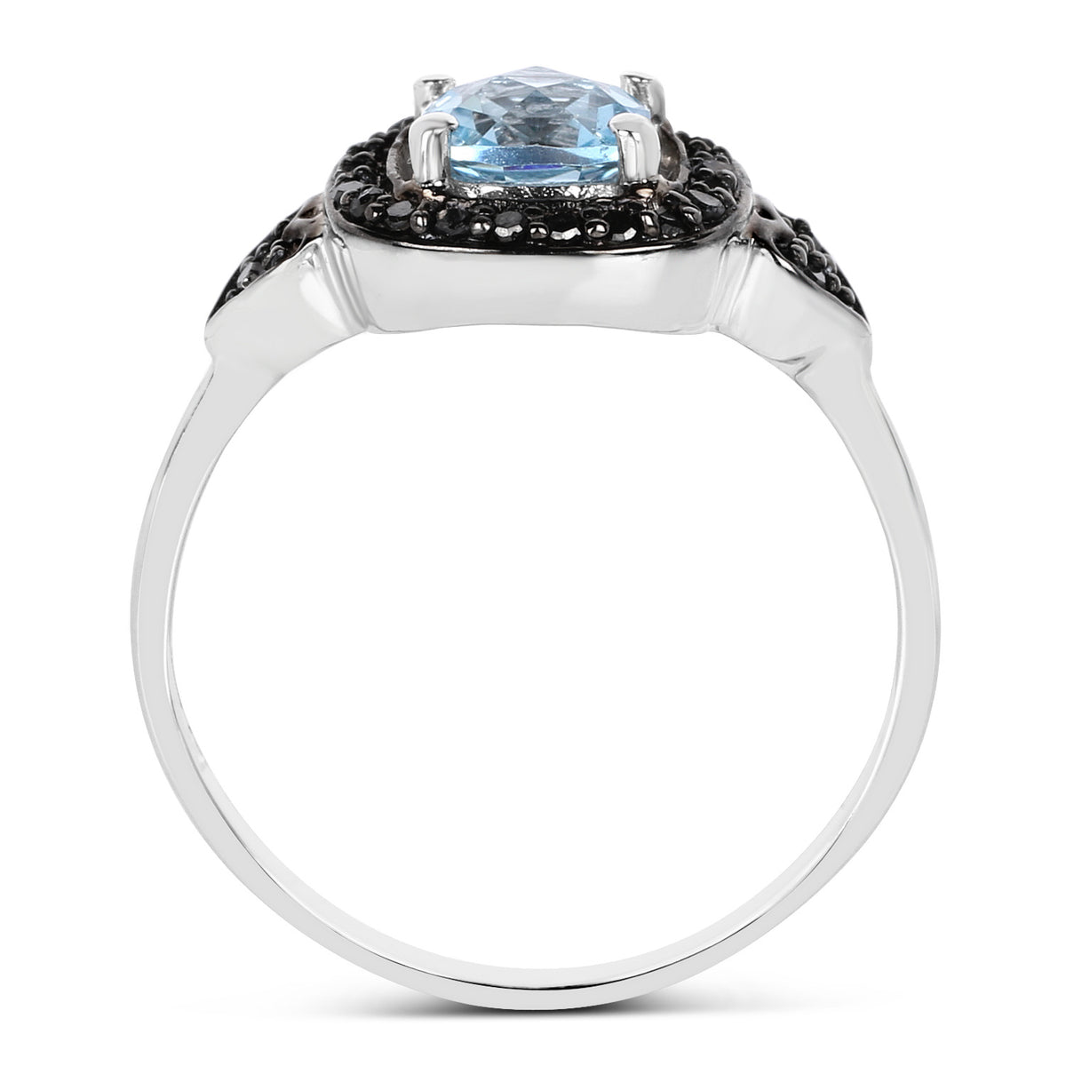 Swiss Blue Topaz Ring With Black Diamonds 1.16 Carats Sterling Silver