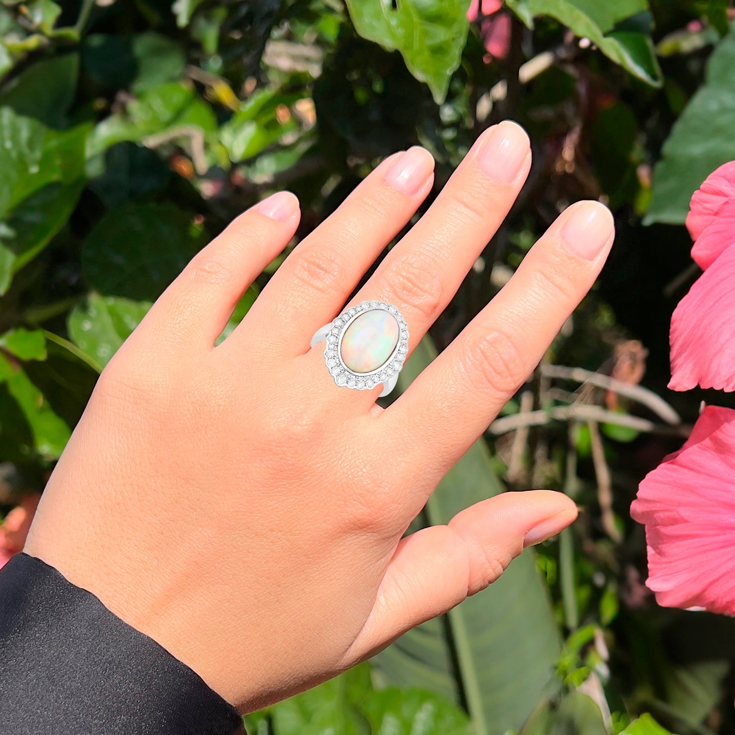 Ethiopian Opal Ring With Diamonds 6.38 Carats 14K White Gold