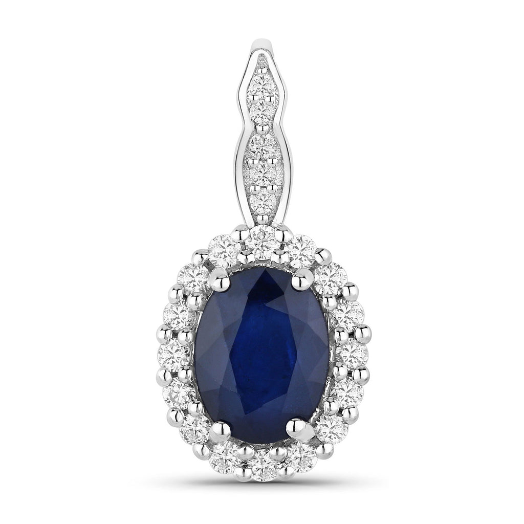 Blue Sapphire Pendant With Diamonds 1.75 Carats 14K White Gold