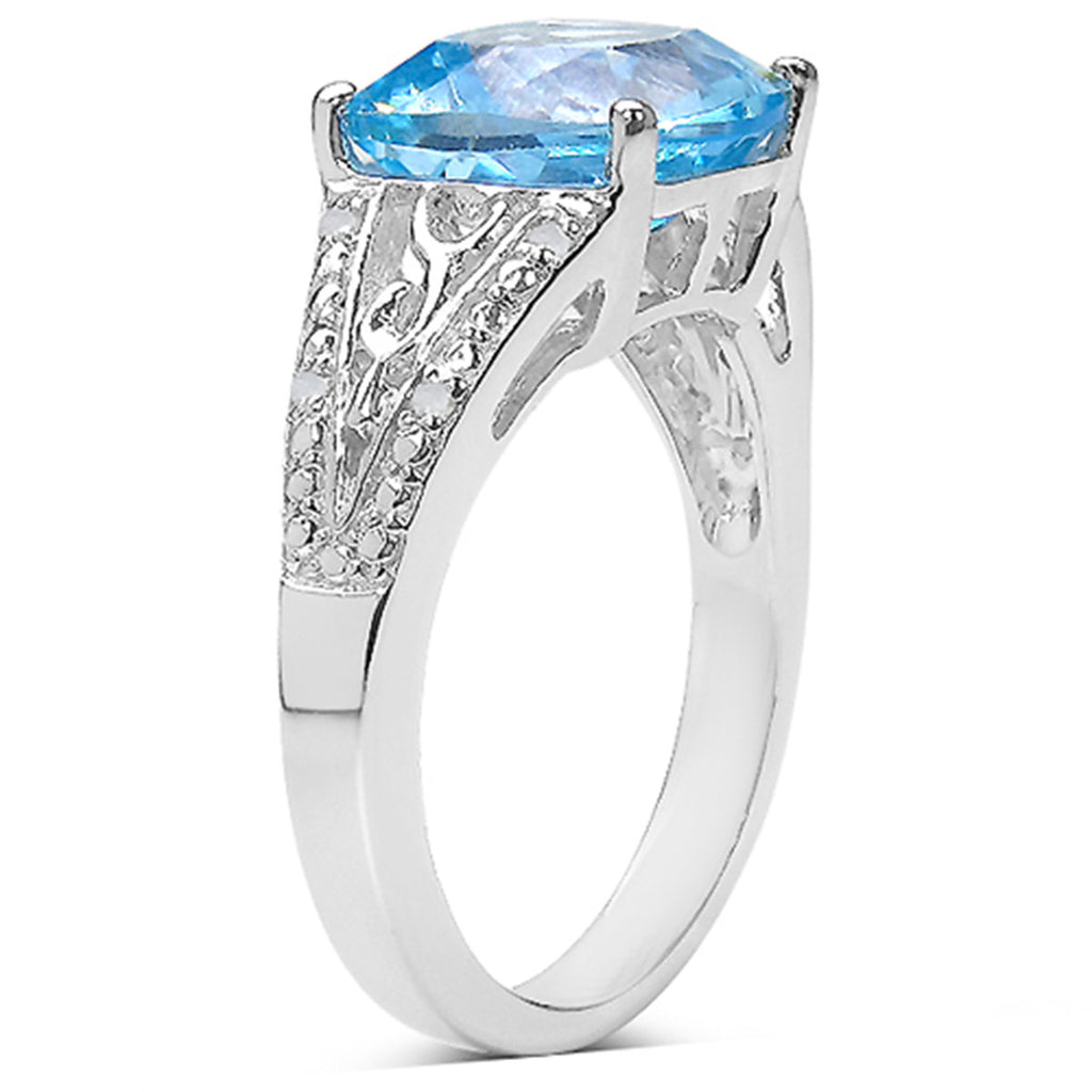 Blue Topaz Ring With Diamonds 4.4 Carats Sterling Silver