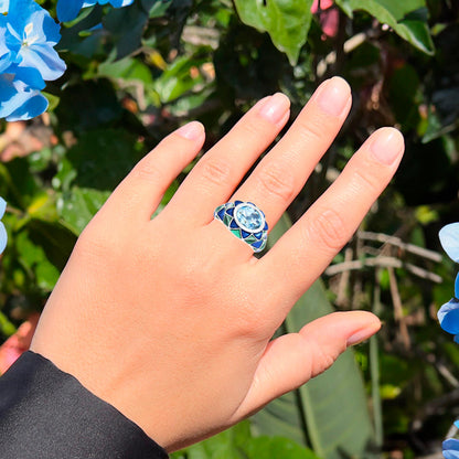 Swiss Blue Topaz Cocktail Ring Blue and Green Enamel 3.25 Carats