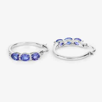 Natural Tanzanite Hoop Earrings With Diamonds 1.97 Carats Sterling Silver