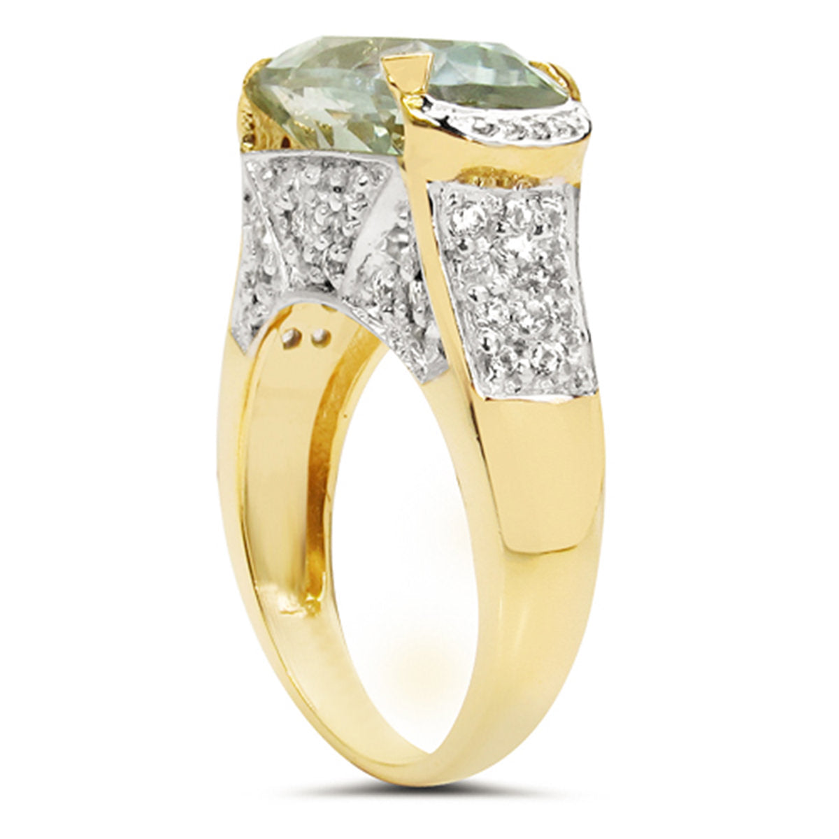 Green Amethyst Ring With White Topaz 6.76 Carats Gold Plated Silver