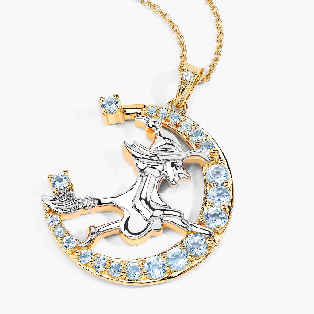 Blue Topaz Witch Pendant With White Topaz 1.24 Carats Gold Plated Silver