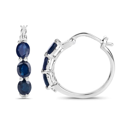 Blue Sapphire Hoop Earrings With Diamonds 2.02 Carats Sterling Silver