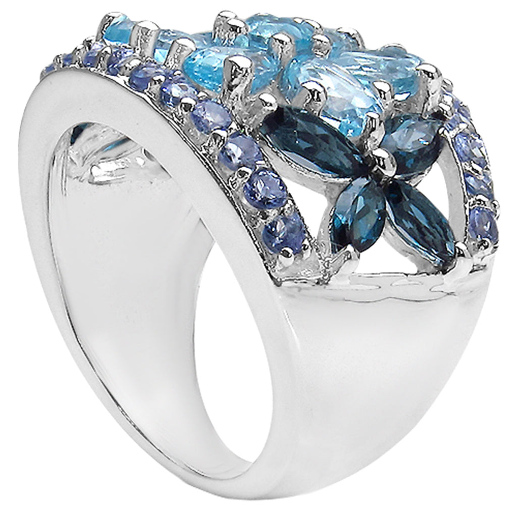 Multicolor Topaz Flower Ring With Tanzanite 5.98 Carats Sterling Silver
