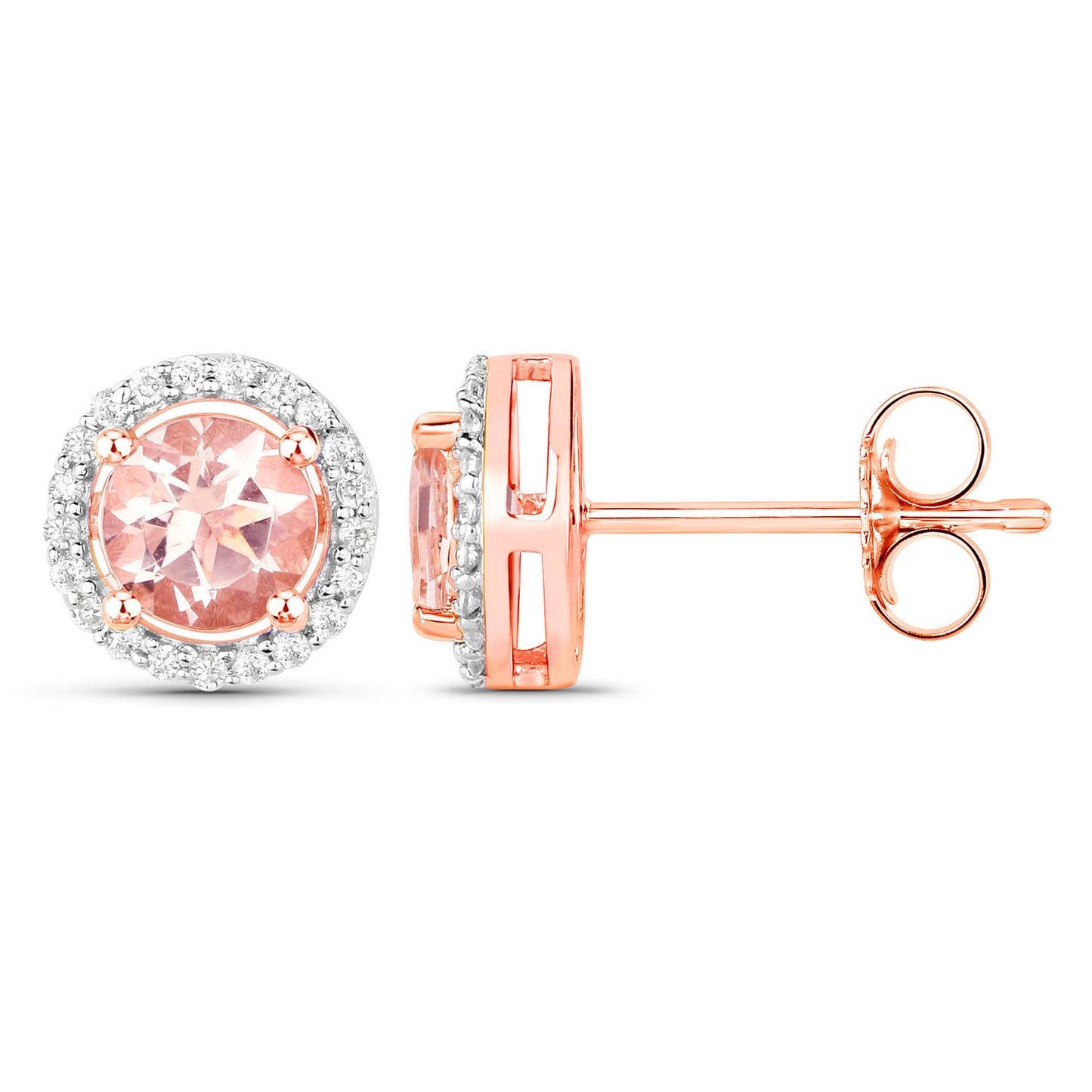 Morganite Stud Earrings With Diamonds 0.9 Carats 14K Rose Gold
