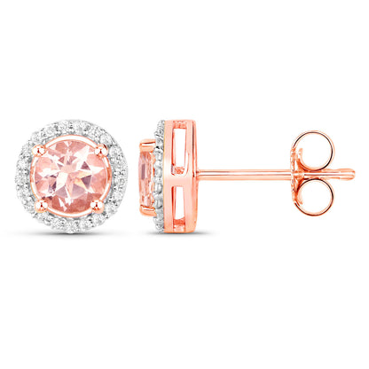 Morganite Stud Earrings With Diamonds 0.9 Carats 14K Rose Gold