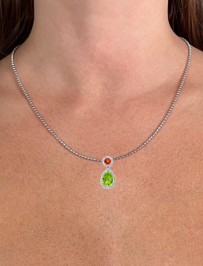 Peridot Pendant Necklace Mandarin Garnet Diamonds 2.4 Carats 18K White Gold