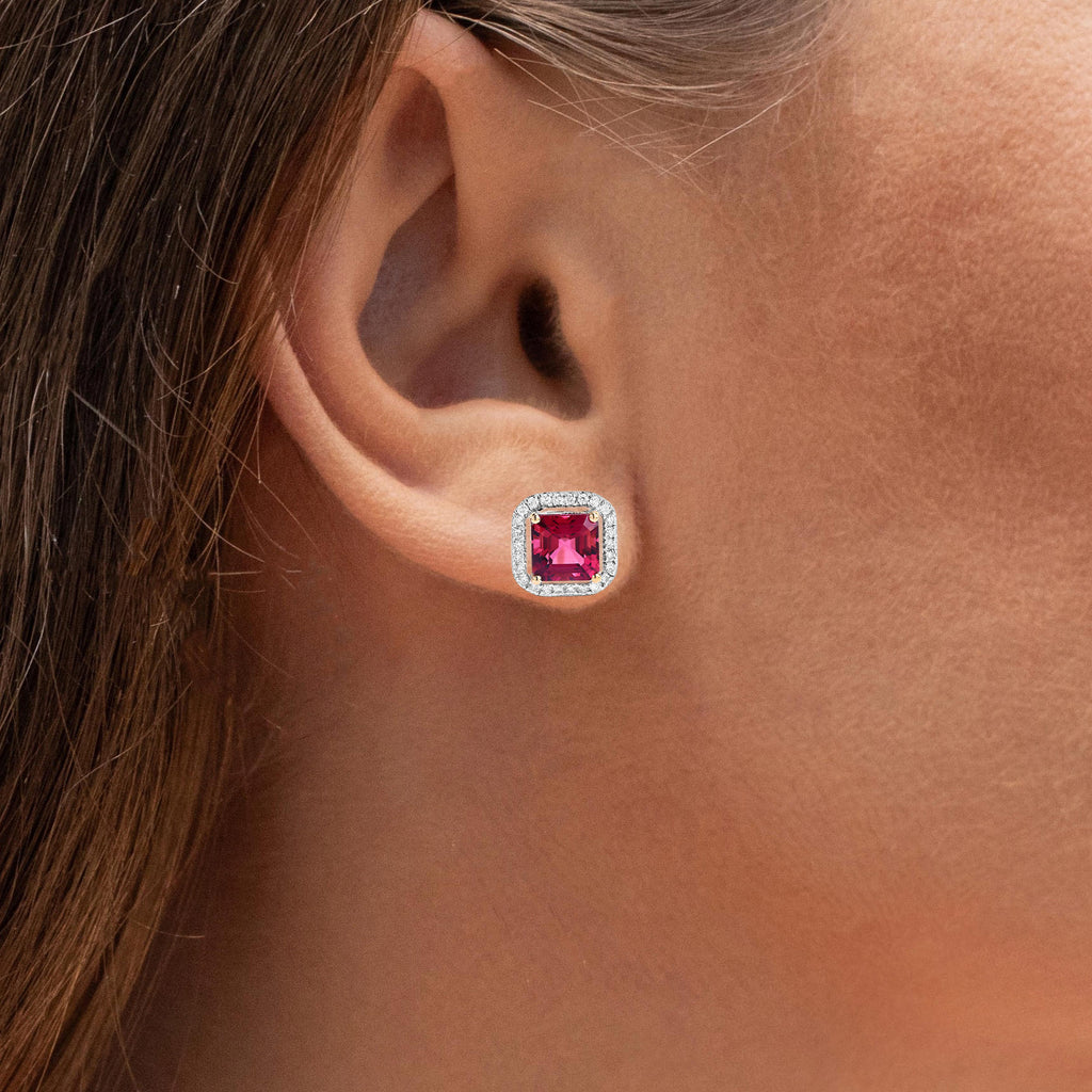 Rubellite Stud Earrings With Diamonds 2.68 Carats 14K Yellow Gold