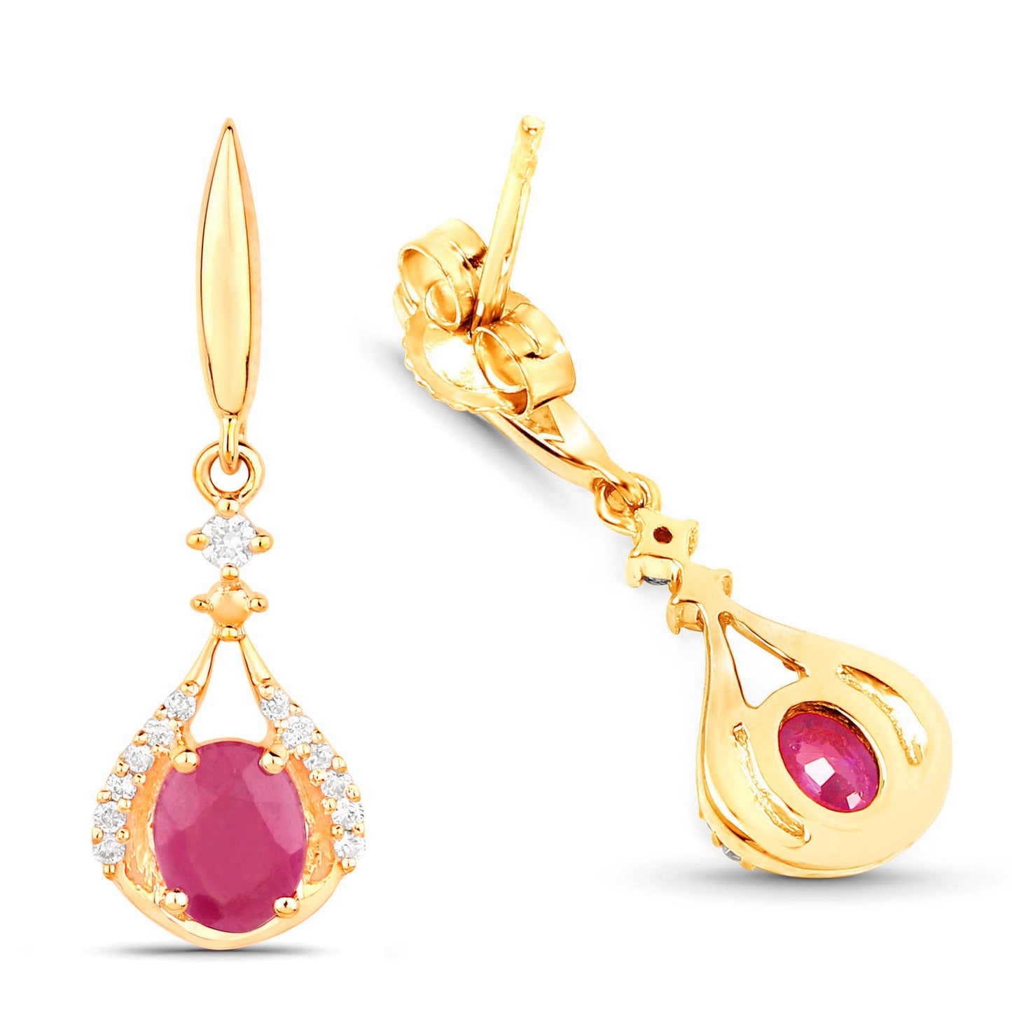 Ruby Dangle Earrings Diamonds 14K Yellow Gold