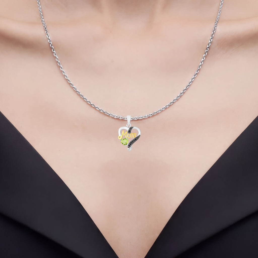 Peridot Mom Heart Pendant With Black Spinel 0.46 Carats Gold Plated Silver