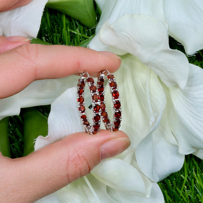 Garnet Hoop Earrings 6 Carats Sterling Silver