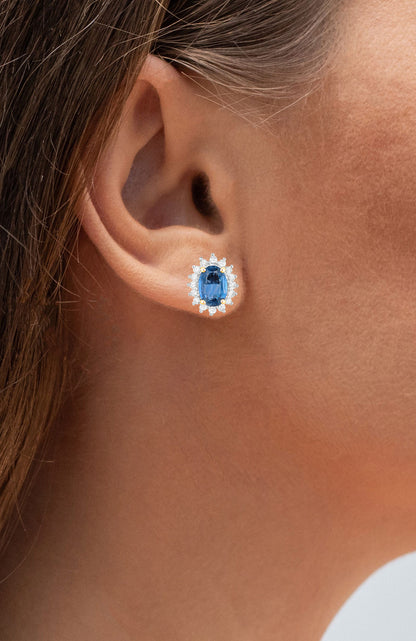 Blue Sapphire Earrings Halo Diamonds 2.2 Carats 14K Yellow Gold