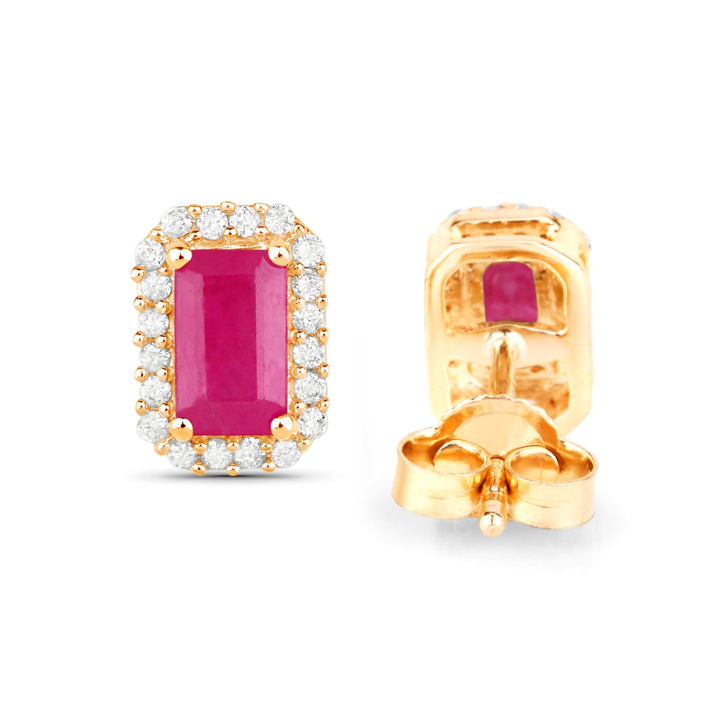 Ruby Earrings Diamond Halo 0.74 Carats 14K Yellow Gold