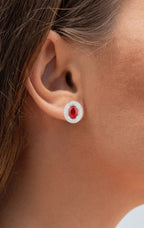 Ruby Stud Earrings Halo Diamonds 2.1 Carats 14K White Gold